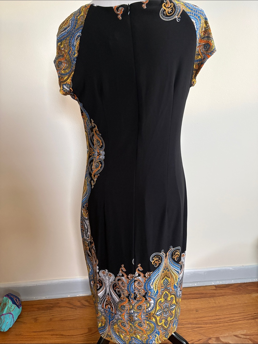 Joseph Ribkoff Black Midi Dress with Blue and Gold Paisley Trim - Picture 2 of 9